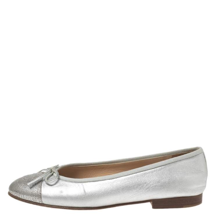 Chanel Silver Leather CC Cap Toe Bow Ballet Flats Size 37 Chanel | TLC