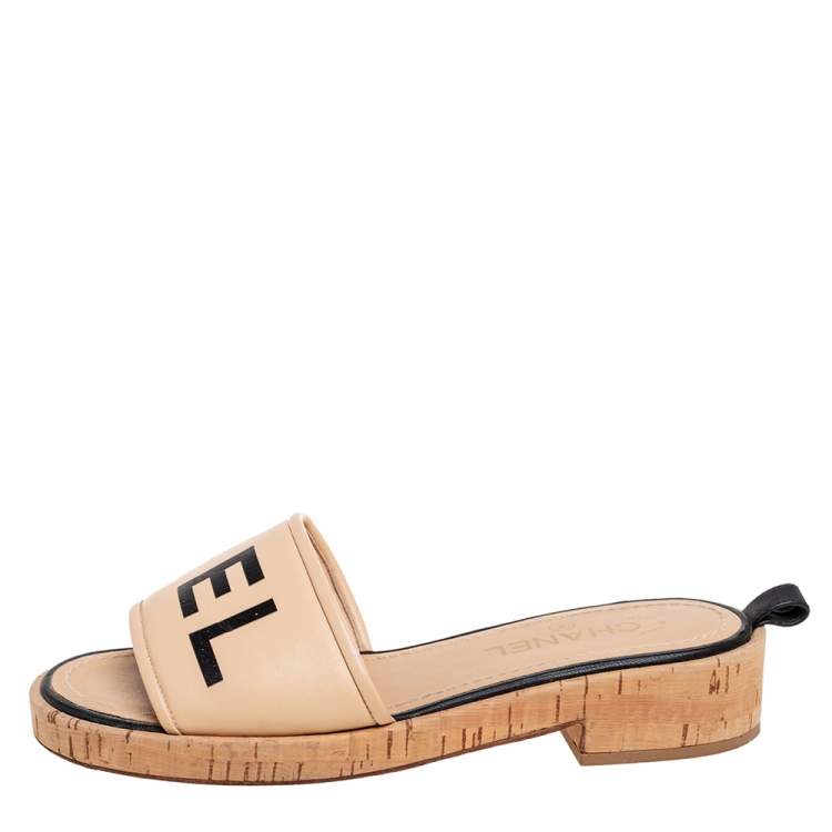 Chanel Beige Leather Logo Cork Slide Sandals Size 38.5 Chanel
