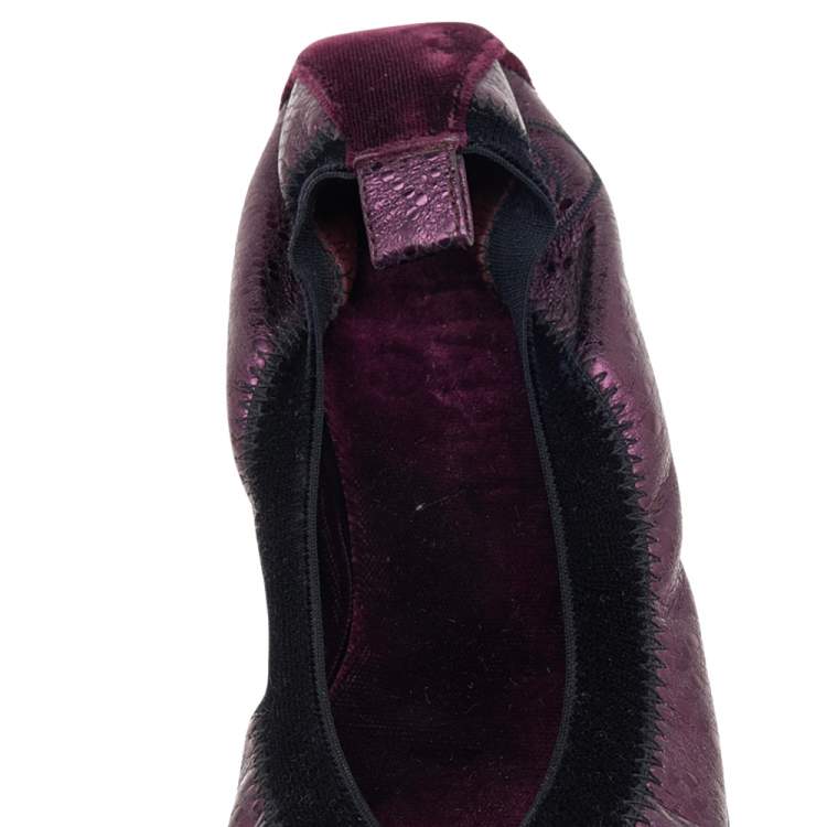Pre Owned Chanel Black/Purple Velvet and Leather Scrunch CC Cap Toe Ballet Flats Size 34.5