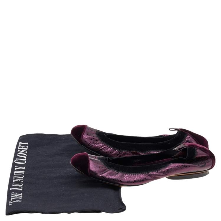 Pre Owned Chanel Black/Purple Velvet and Leather Scrunch CC Cap Toe Ballet Flats Size 34.5