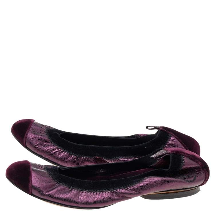 Pre Owned Chanel Black/Purple Velvet and Leather Scrunch CC Cap Toe Ballet Flats Size 34.5