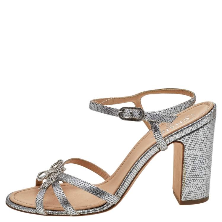 Chanel Silver Textured Patent Leather Crystal Embellished Bow Block Heel  Ankle Strap Sandals Size 40 Chanel | TLC