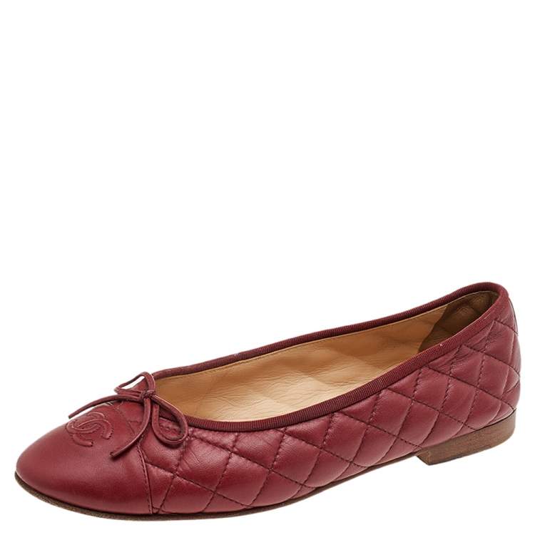 Chanel Red Leather Camelia Ballet Flats Size 37.5