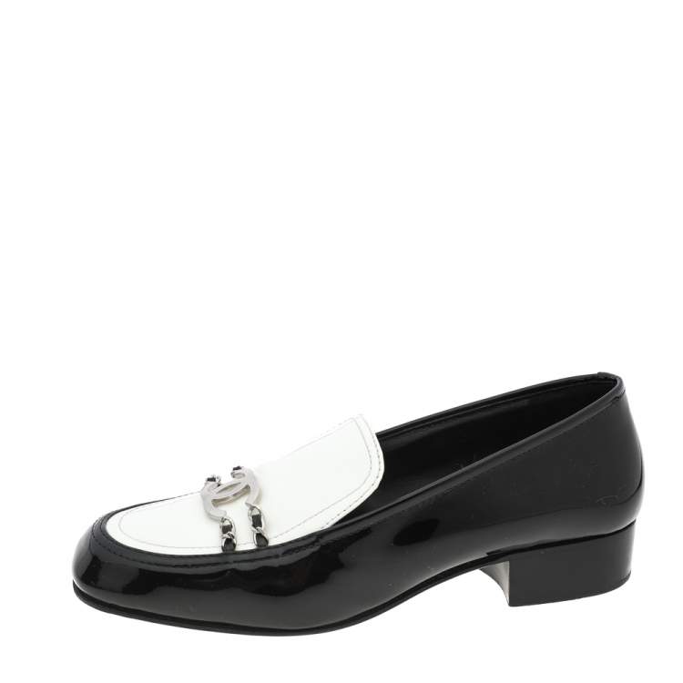 Chanel Black/White Patent Leather CC Chain Link Slip On Loafers