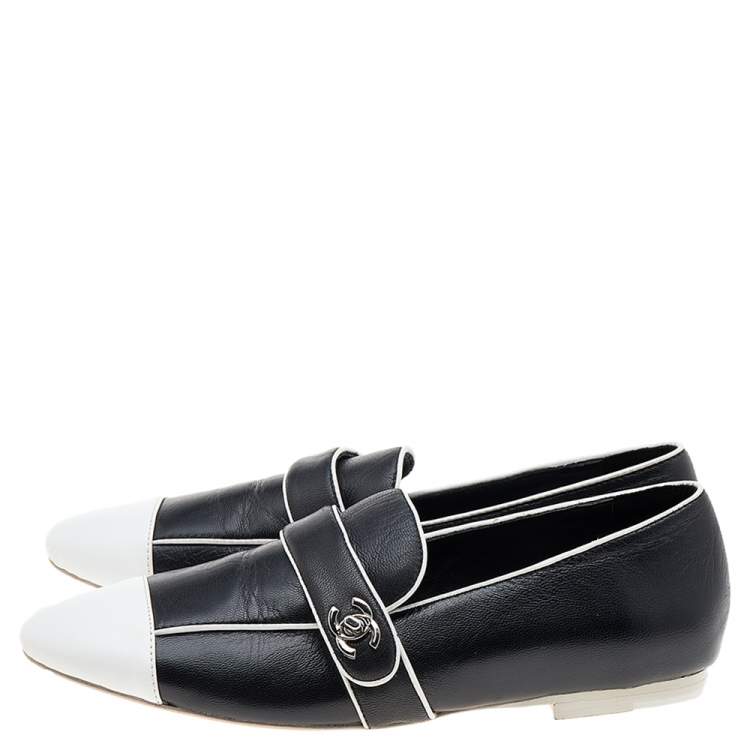 Pre Owned Chanel Black/White Leather CC Cap Toe Slip On Loafers Size 37