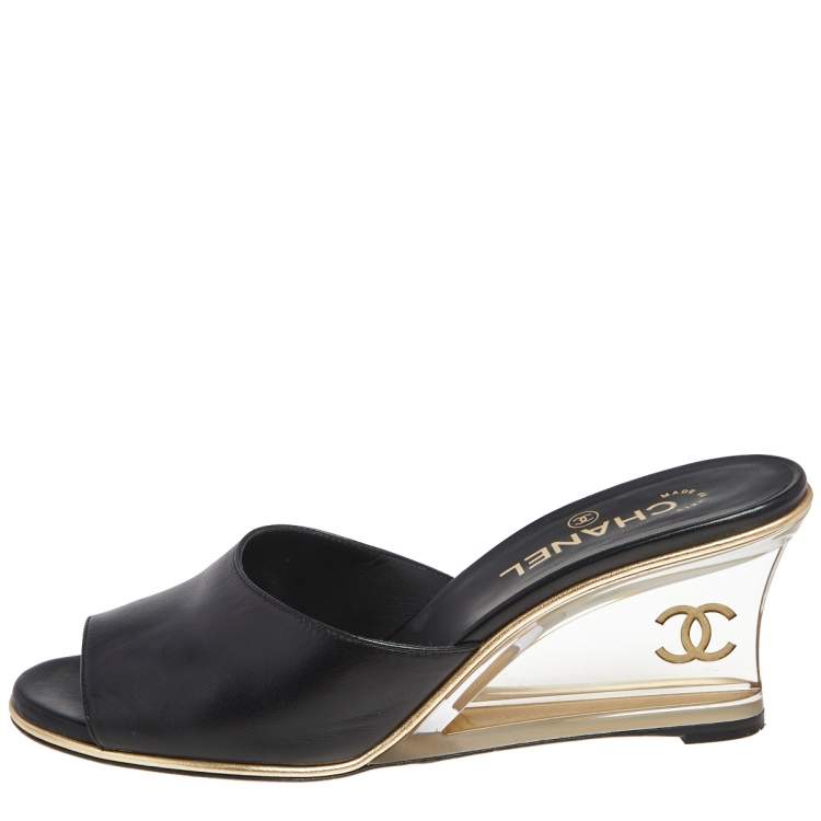 Chanel Black Leather CC Slide Wedge Sandals Size 39.5 Chanel