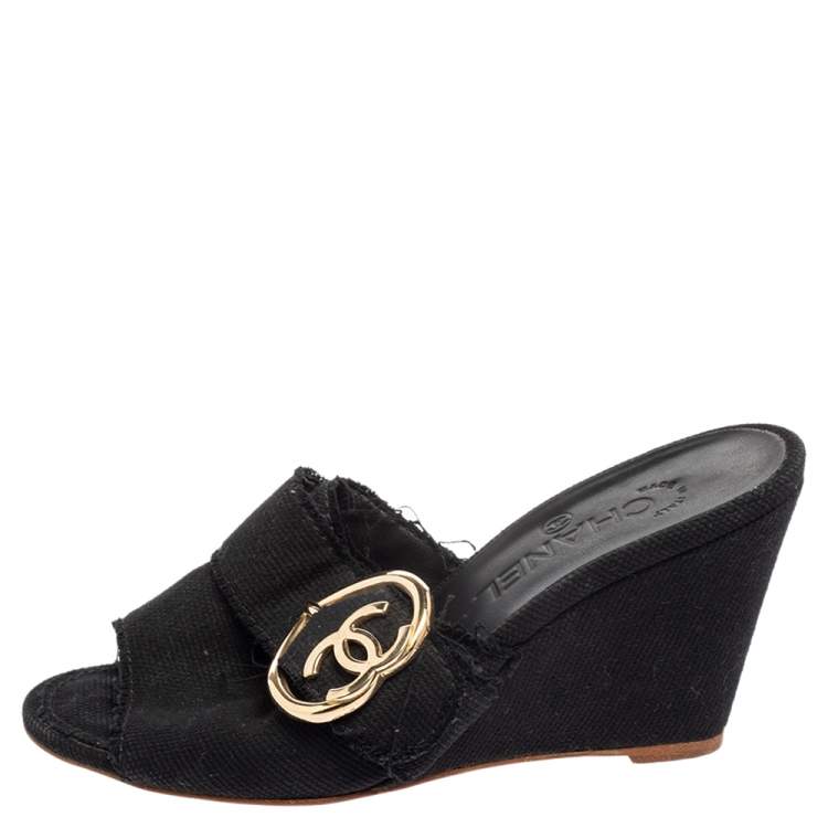 Chanel Black Canvas CC Heart Buckle Wedge Slide Sandals Size 37 Chanel | TLC