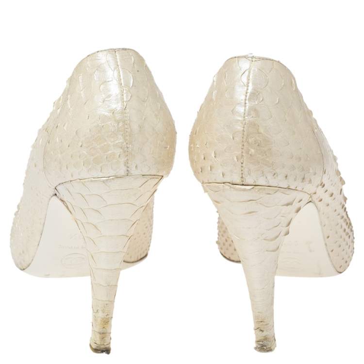 Pre Owned  Chanel Cream Python Leather CC Chain Detail Peep Toe Pumps Size 39.5