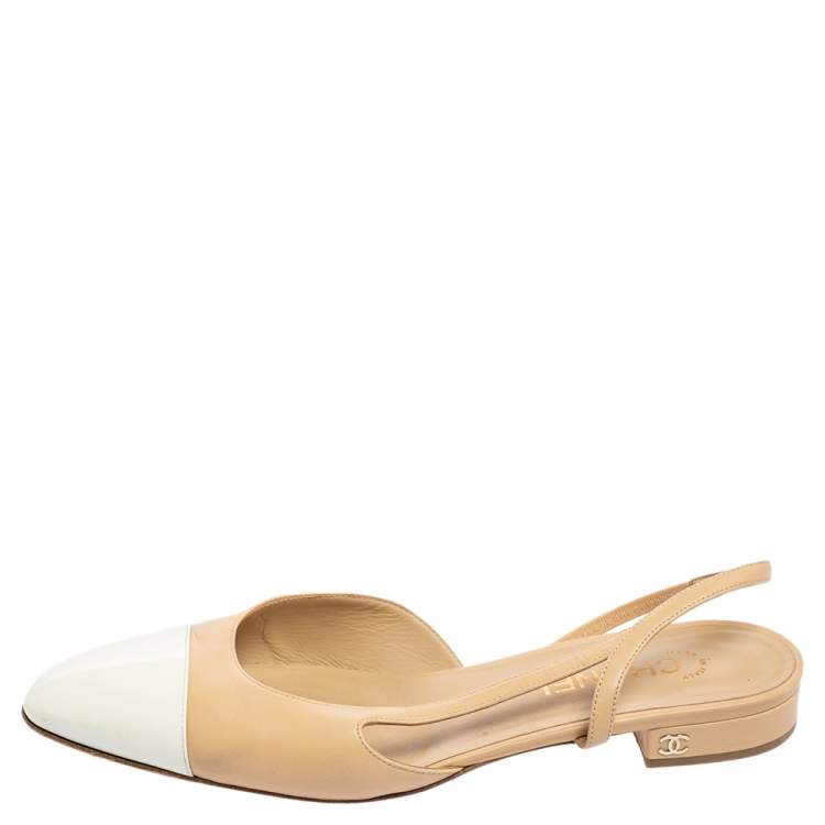 Chanel Beige/White Patent And Leather Cap Toe Slingback Sandals