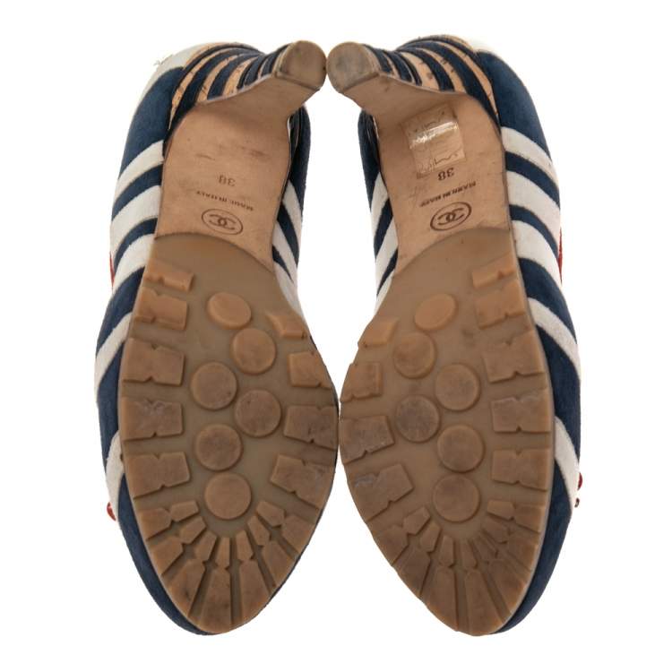 Pre Owned Chanel Multicolor Suede CC Striped Cork Heel Pumps Size 38