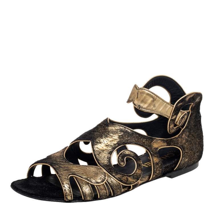 Chanel Black/Gold Calf hair and Leather Cutout Flat Sandals Size 38 Chanel