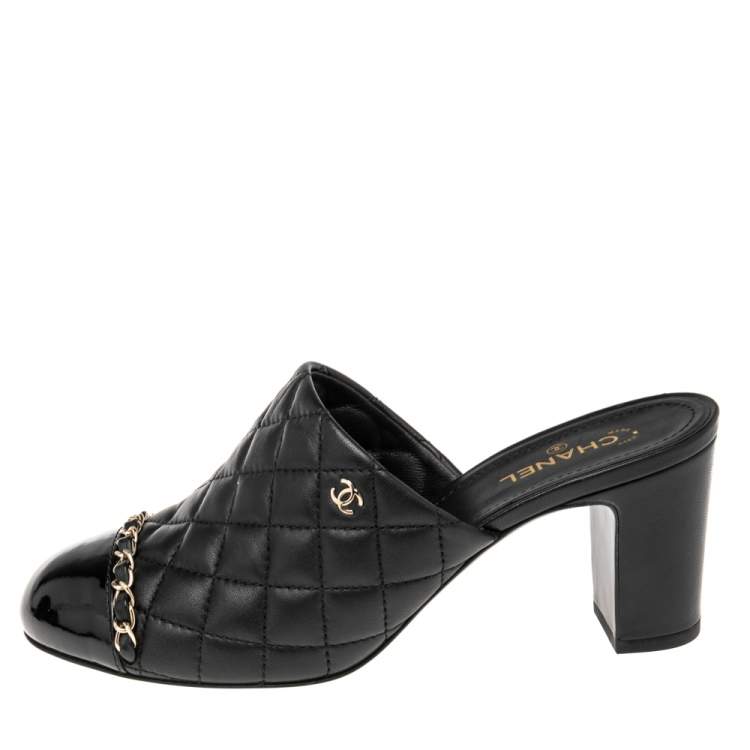 Chanel Black Quilted Leather And Patent Cap Toe Chain Detail Mules
