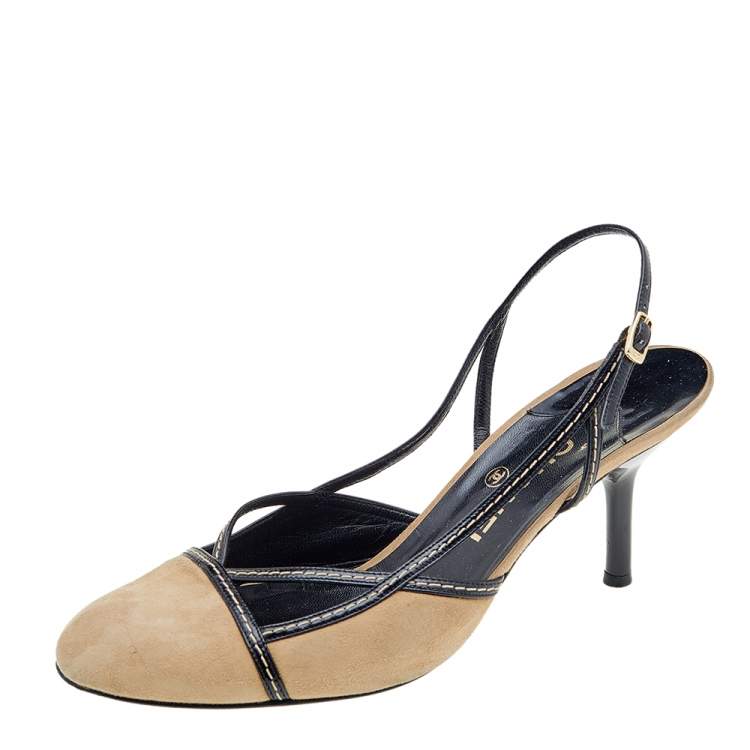 Chanel Beige/Black Suede and Patent Leather Round Toe Slingback Sandals  Size 40.5 Chanel | The Luxury Closet