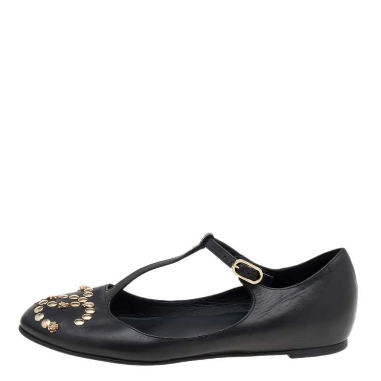 Chanel Black Leather CC Embellished T Strap Ballet Flats Size 35.5 Chanel