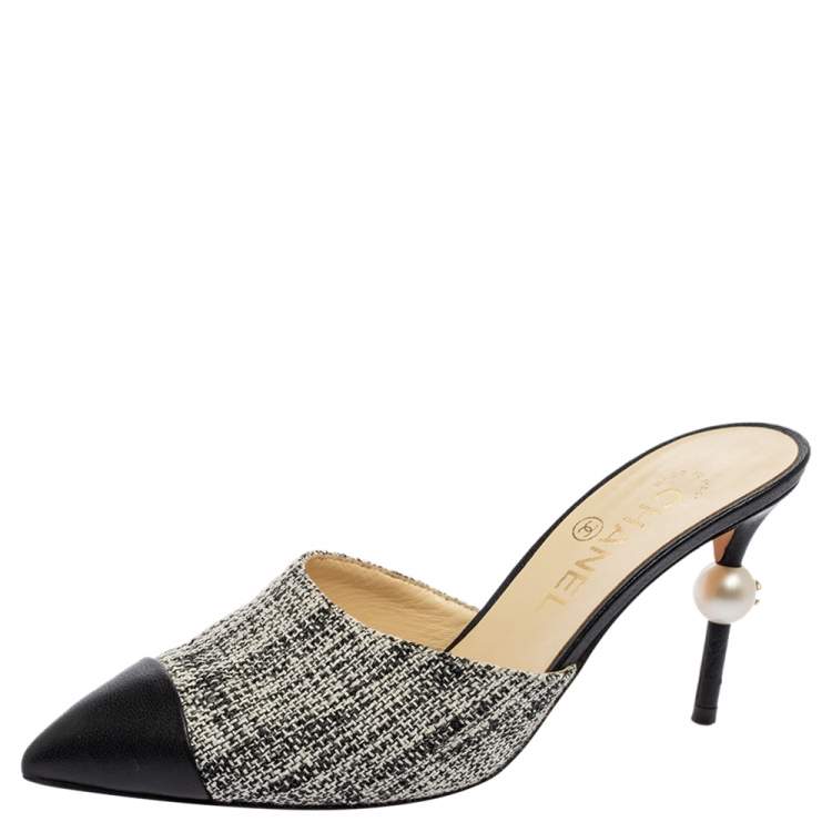 Chanel Black/White Leather And Tweed Fabric CC Mules Size 37 Chanel | The  Luxury Closet