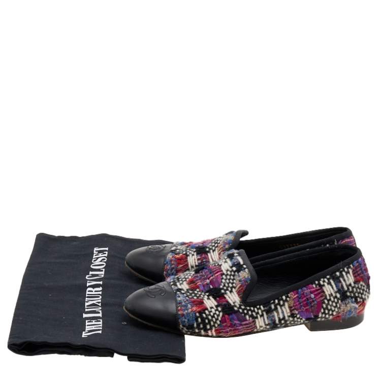 Pre Owned Chanel Multicolor Tweed And Leather CC Smoking Slippers Size 37