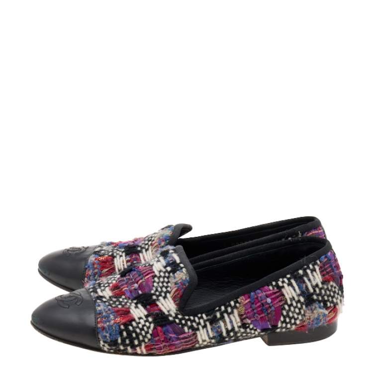 Pre Owned Chanel Multicolor Tweed And Leather CC Smoking Slippers Size 37