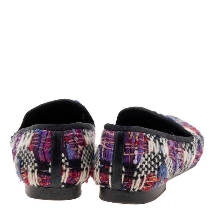 Pre Owned Chanel Multicolor Tweed And Leather CC Smoking Slippers Size 37