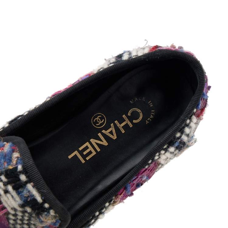 Pre Owned Chanel Multicolor Tweed And Leather CC Smoking Slippers Size 37