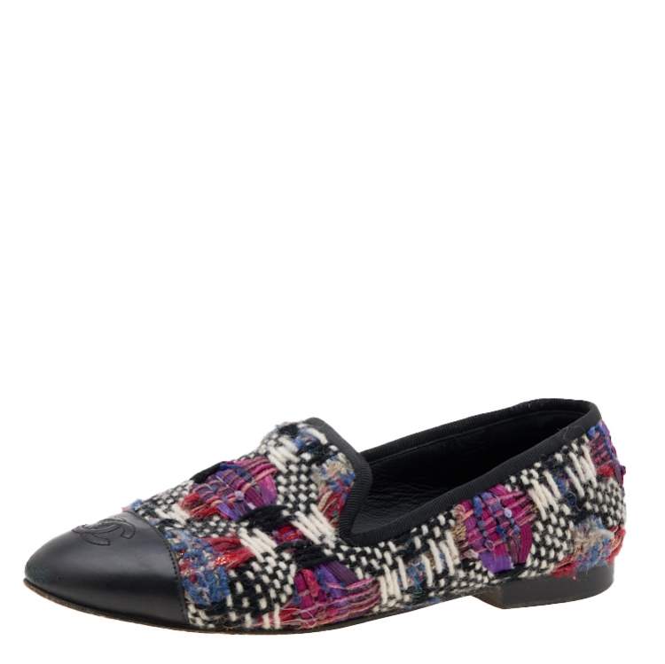 Pre Owned Chanel Multicolor Tweed And Leather CC Smoking Slippers Size 37