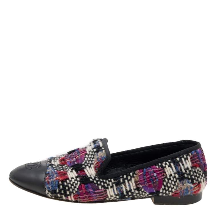 Pre Owned Chanel Multicolor Tweed And Leather CC Smoking Slippers Size 37