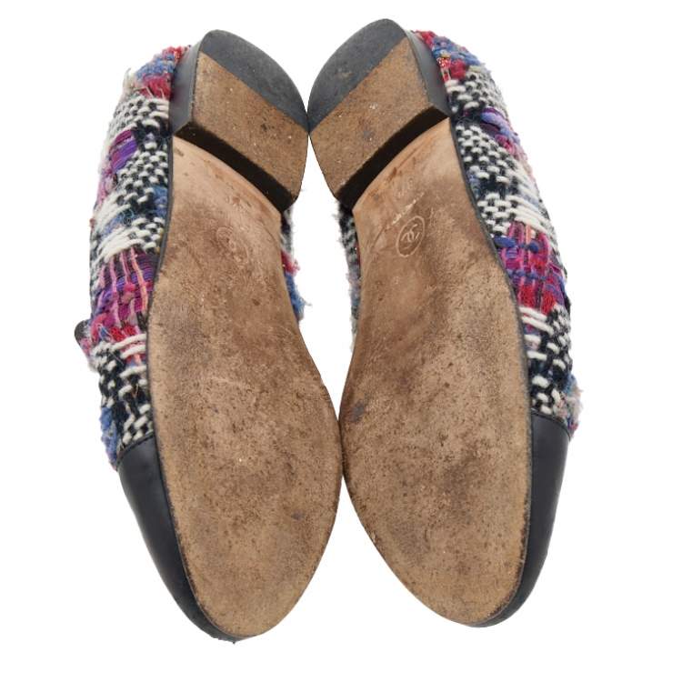 Pre Owned Chanel Multicolor Tweed And Leather CC Smoking Slippers Size 37