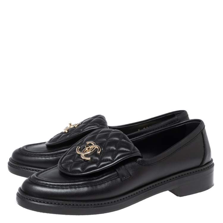 Pre Owned Chanel Black Leather and Quilted Flap Turn Lock CC Loafers Size 38