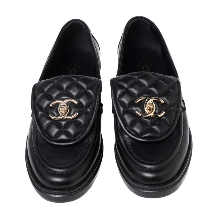 Pre Owned Chanel Black Leather and Quilted Flap Turn Lock CC Loafers Size 38