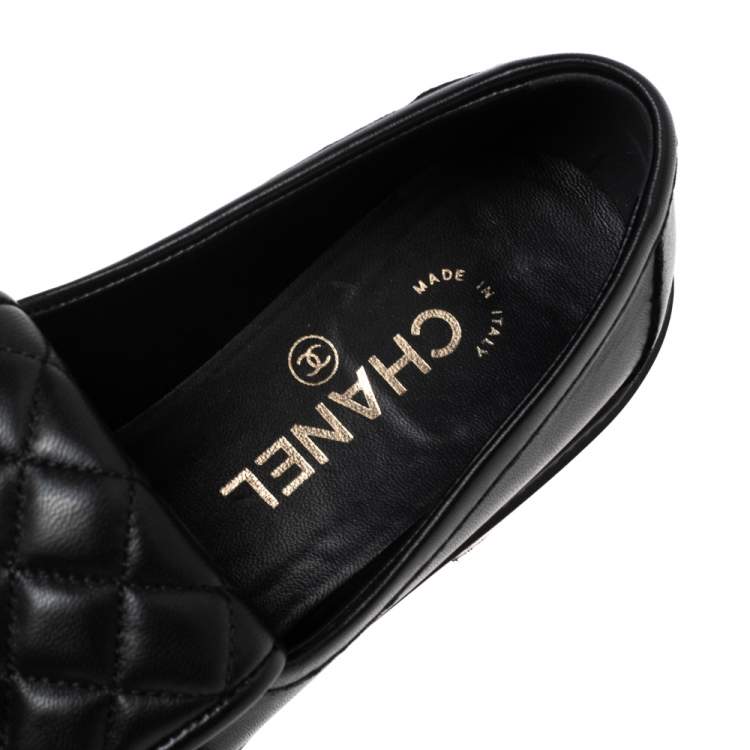 Pre Owned Chanel Black Leather and Quilted Flap Turn Lock CC Loafers Size 38