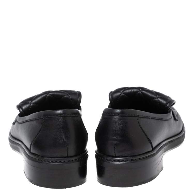 Pre Owned Chanel Black Leather and Quilted Flap Turn Lock CC Loafers Size 38