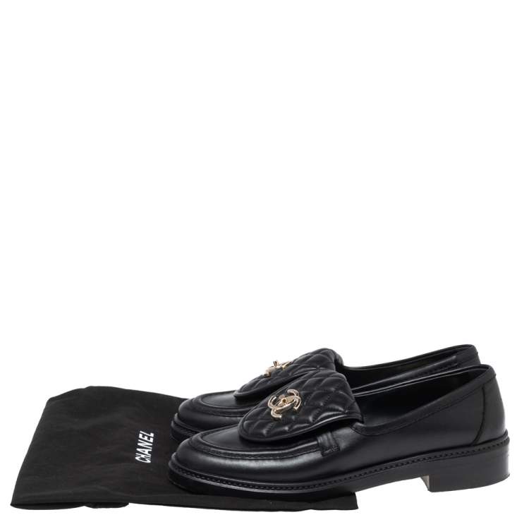 Pre Owned Chanel Black Leather and Quilted Flap Turn Lock CC Loafers Size 38