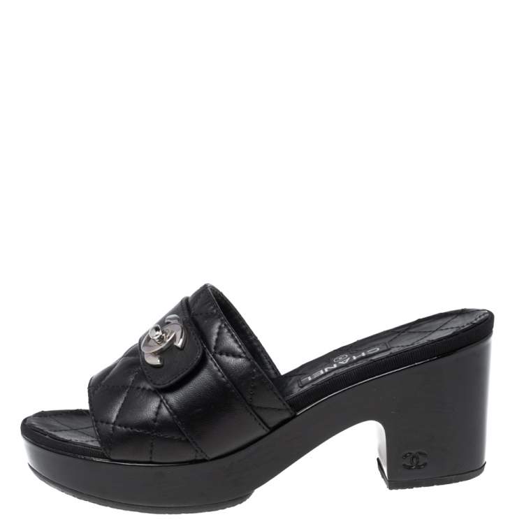 Chanel Black Quilted Leather CC Turn Lock Platform Slide Sandals Size 37  Chanel