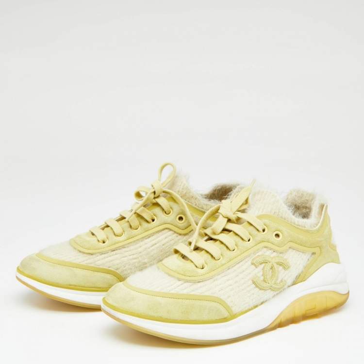 Chanel Yellow Suede And Knit Fabric CC Low Top Sneakers Size 38.5 Chanel