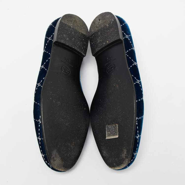 Pre Owned Chanel Navy Blue Velvet Smoking Slippers Size 37 