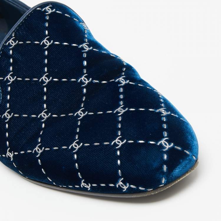 Pre Owned Chanel Navy Blue Velvet Smoking Slippers Size 37 