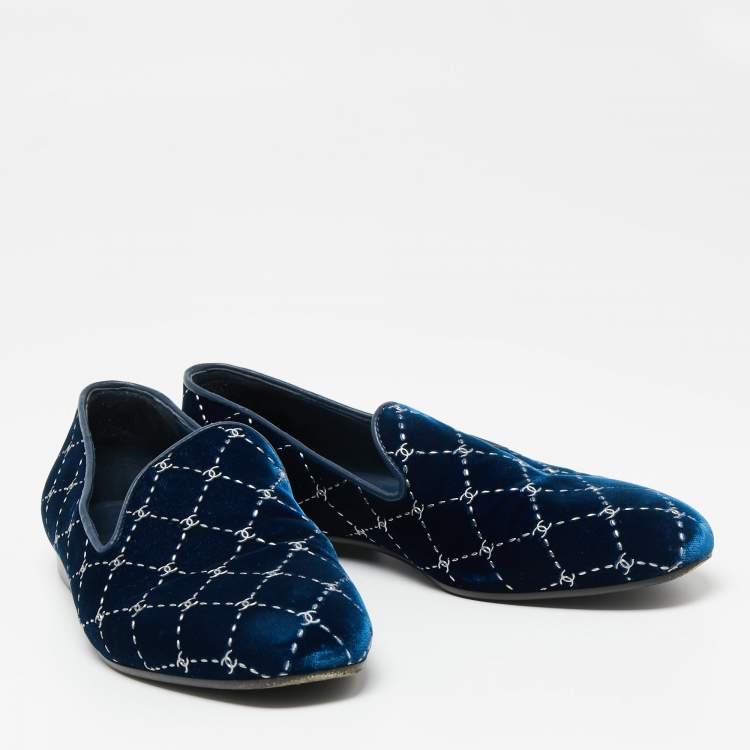 Pre Owned Chanel Navy Blue Velvet Smoking Slippers Size 37 