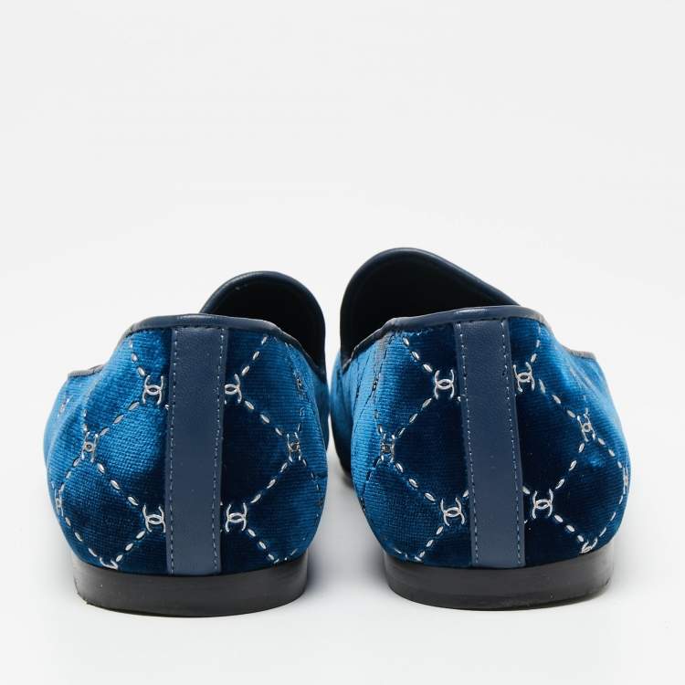 Pre Owned Chanel Navy Blue Velvet Smoking Slippers Size 37 