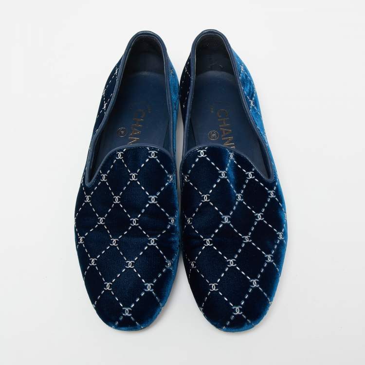 Pre Owned Chanel Navy Blue Velvet Smoking Slippers Size 37 