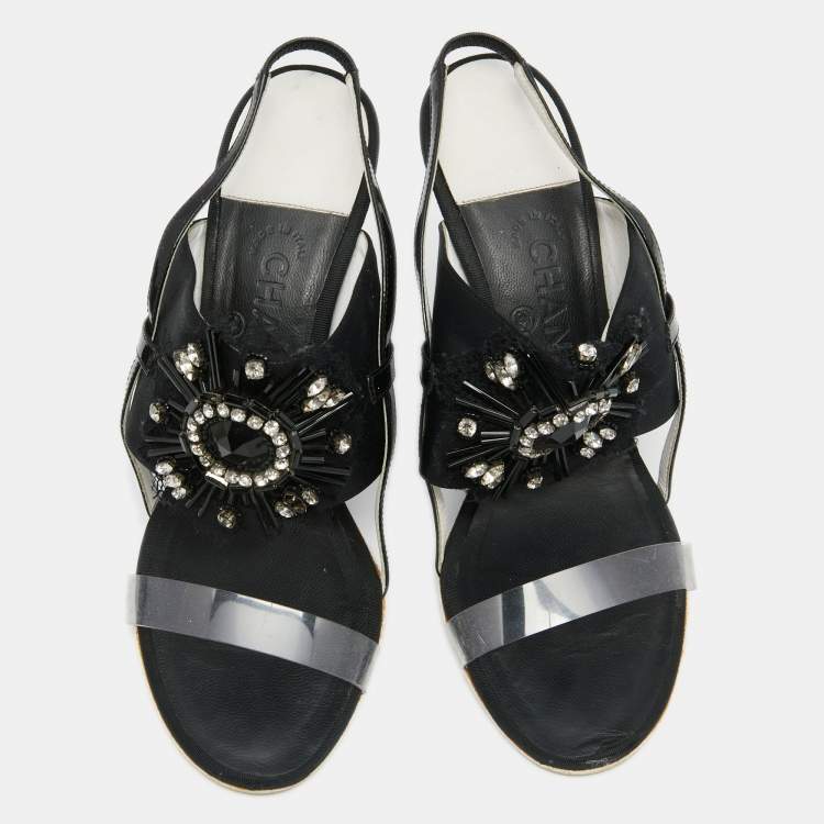 Pre Owned Chanel Black Satin And PVC Embellished Slingback Sandals Size 40