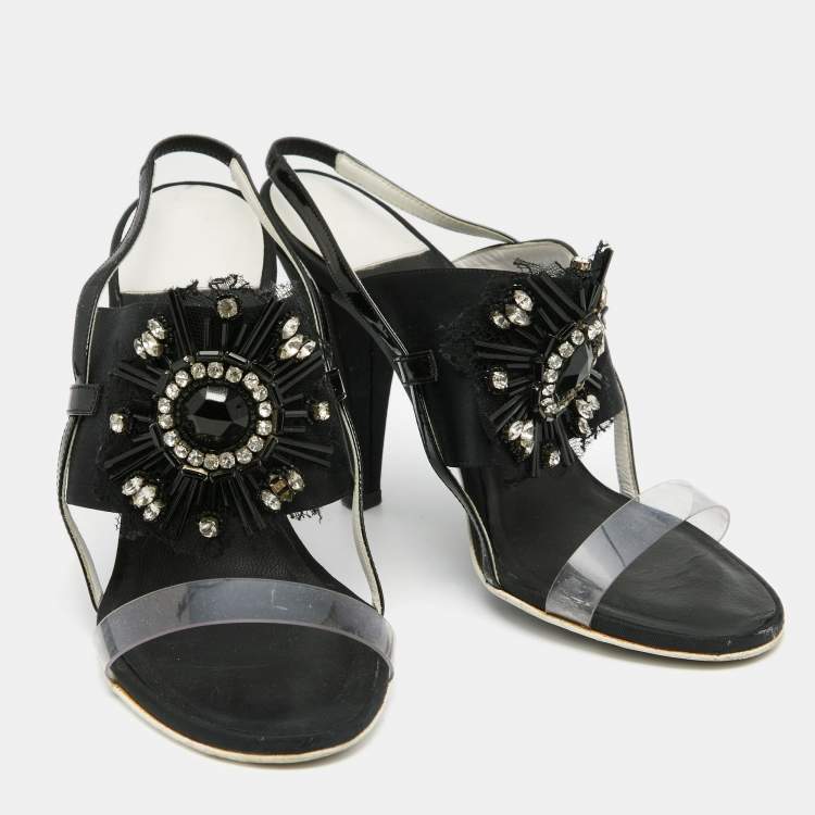 Pre Owned Chanel Black Satin And PVC Embellished Slingback Sandals Size 40