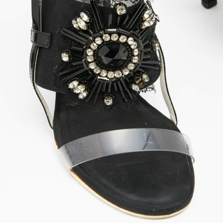 Pre Owned Chanel Black Satin And PVC Embellished Slingback Sandals Size 40