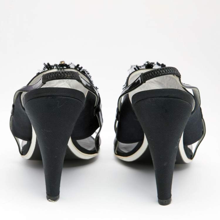 Pre Owned Chanel Black Satin And PVC Embellished Slingback Sandals Size 40