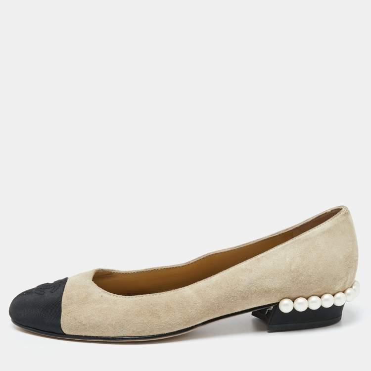 Chanel Beige/Black Suede and Fabric Cap-Toe CC Pearl Embellished Ballet  Flats Size 37 Chanel | The Luxury Closet