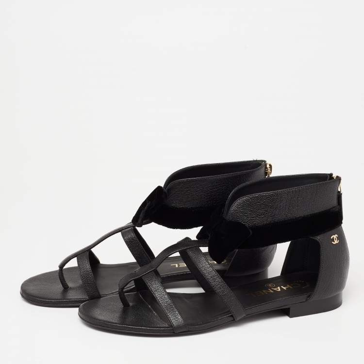 Chanel Black Leather Velvet Bow Detail CC Flat Sandals Size 39