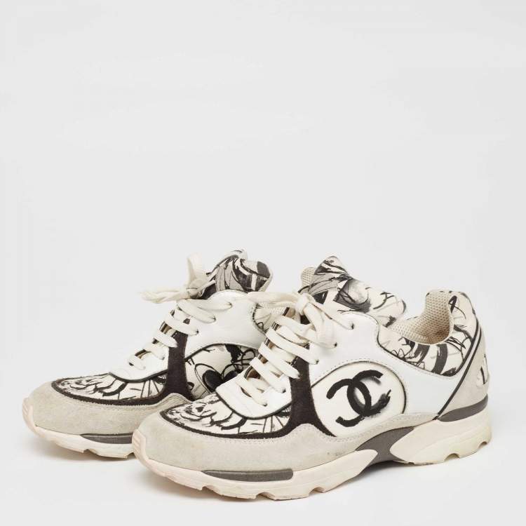 Chanel Grey/White Leather And Suede Graffiti CC Trainers Sneakers Size 37  Chanel