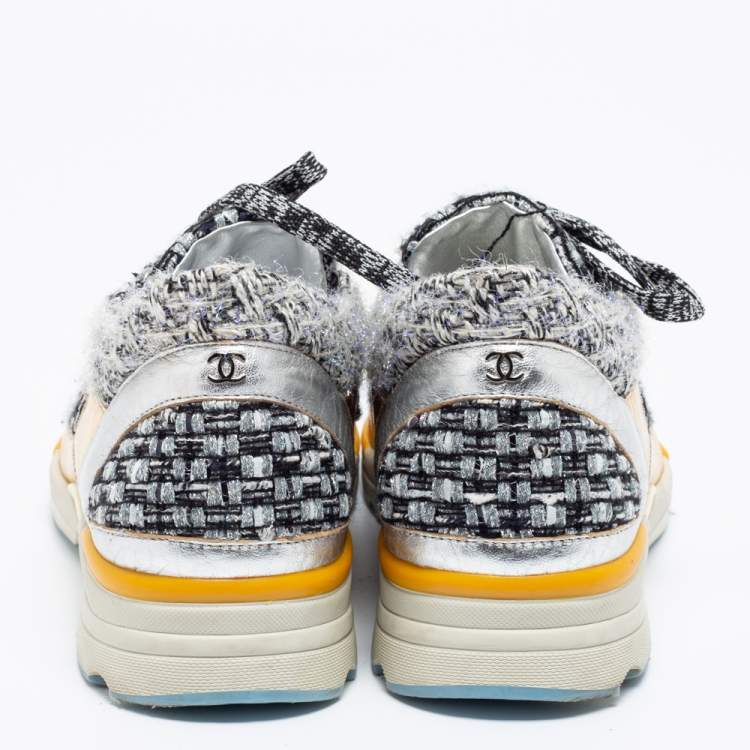 Pre Owned Chanel Gold/Grey Leather And Tweed CC Low-Top Sneakers Size 41