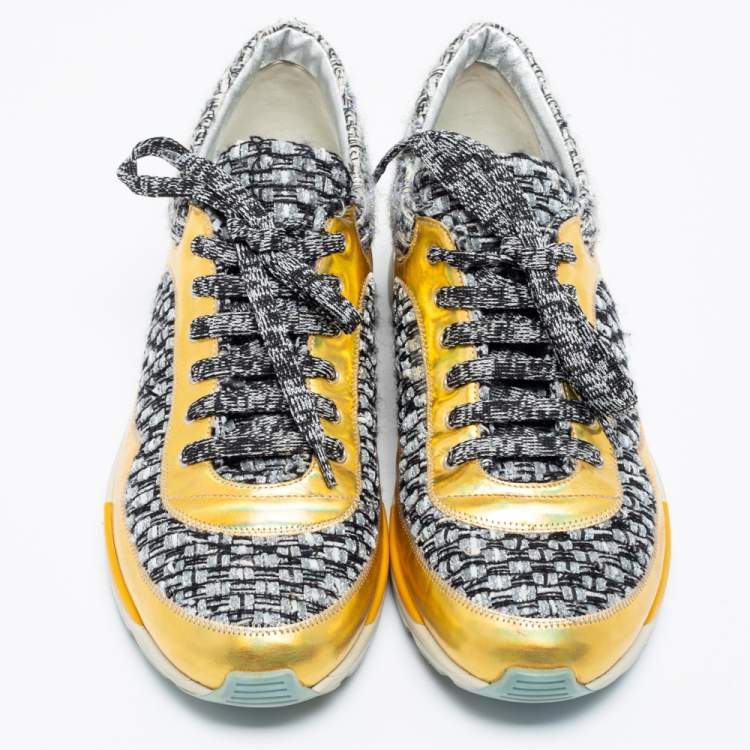 Pre Owned Chanel Gold/Grey Leather And Tweed CC Low-Top Sneakers Size 41