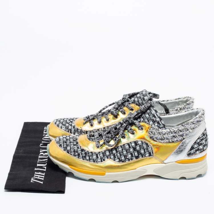 Pre Owned Chanel Gold/Grey Leather And Tweed CC Low-Top Sneakers Size 41