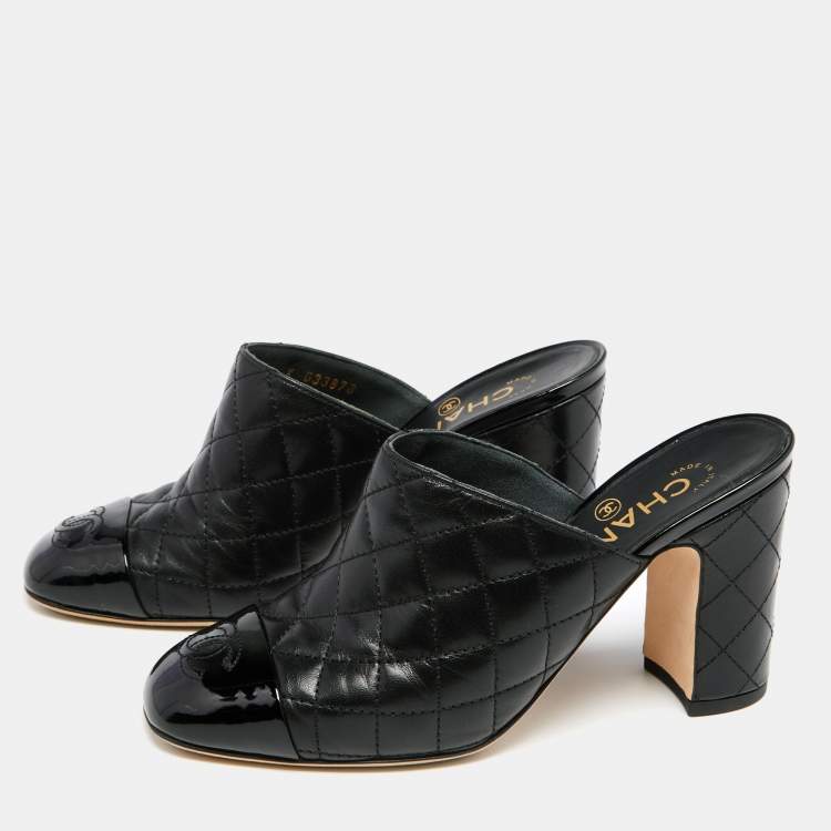 Chanel Black Quilted Leather CC Cap Toe Mules - The Revury