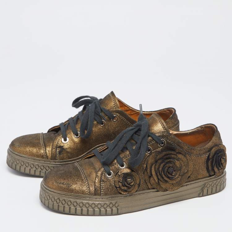 Chanel Metallic Bronze Nubuck Leather Camellia Lace Up Sneakers